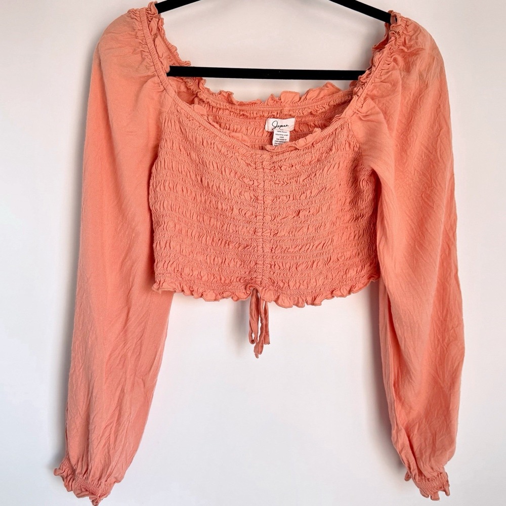 Smocked Crop Top Peach Boho Peasant Blouse Balloon Sleeve Tie Front Medium Japna